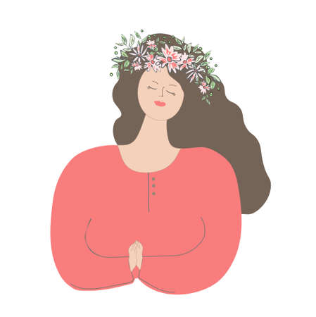 Sweet, sweet and tender mother with a wreath of flowers in her hair. Mother s Day greeting card. Poster or banner template. Vector illustration.のイラスト素材