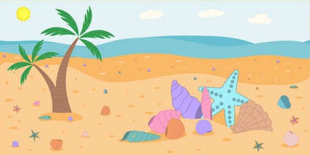 Background with seashells thrown on the sand from the sea. A paradise holiday under the palm trees. Vector illustration.のイラスト素材