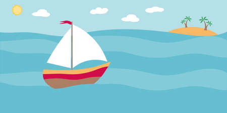 Flat illustration of a sailing ship at sea sailing to an island with palm trees. Traveler s postcard. Banner with a yacht on the waves. Vector background.のイラスト素材