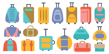 Isolated set of travel suitcases and bags. Travel and vacation luggage. Flat vector illustration.のイラスト素材