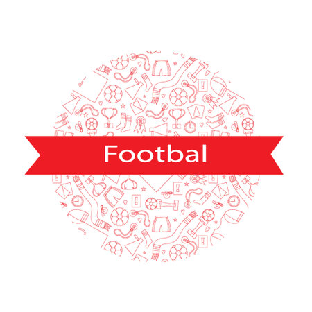 Seamless doodle objects for playing football. Invitation card below the text. Flat vector illustration. Fabric or wallpaper.のイラスト素材