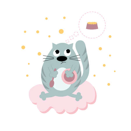 A cute gray cat with an empty plate and spoon is dreaming about food while sitting on a pink cloud. Baby shower. Postcard for the frame in the nursery. Morning of the cat. Flat vector illustration.のイラスト素材