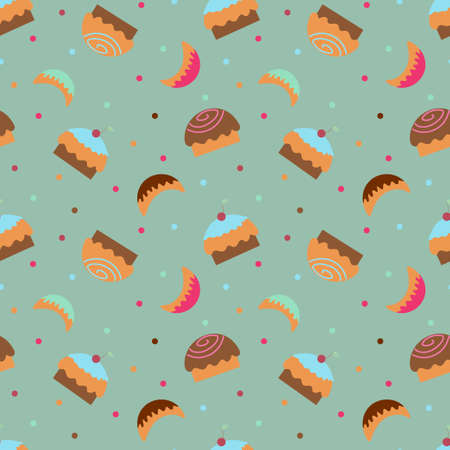 Wallpaper with cupcakes, sweets and sweet horns on a green background. Textile Background with sweets for fabric, wrapping paper or background. Flat vector illustration.のイラスト素材