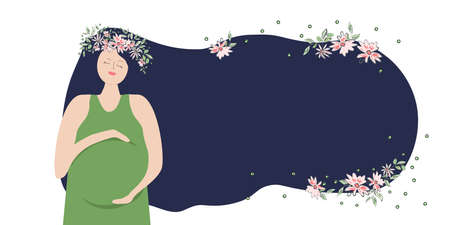 Happy pregnant woman with a wreath of flowers on her head and long hair. Place of text. Pregnancy and motherhood. Expectations of meeting with the child. Flat illustration.のイラスト素材