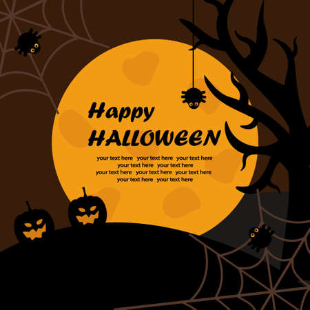 Full moon in the night trees with cobwebs, spiders and pumpkins. Halloween holiday. Create a postcard, poster, or flyer. Illustration in orange and black colors.のイラスト素材