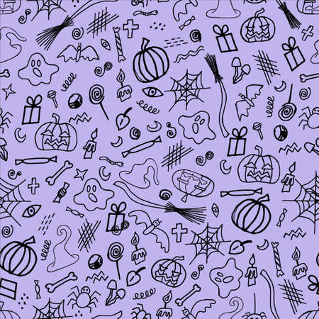 Halloween with pumpkin and anticipation. Seamless phyletic background with elements for the holiday halloween. Doodle illustration, fabric design, wrapping or background.のイラスト素材