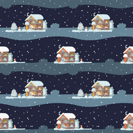 Christmas house in the snow with a snowman. Seamless textile illustration. Background, wallpaper, or wrapping paper. Christmas holiday.のイラスト素材