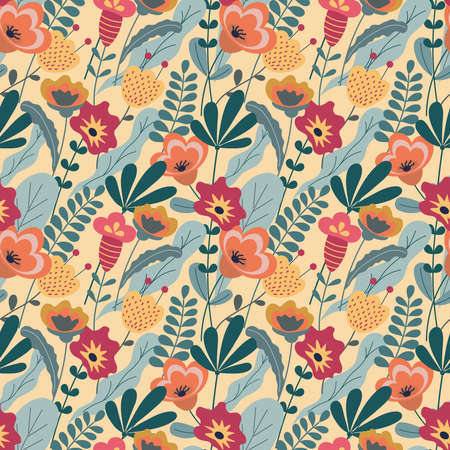 Multicolored wildflowers. Seamless background. Illustration for fabric, wallpaper, textile, gift wrapping.のイラスト素材