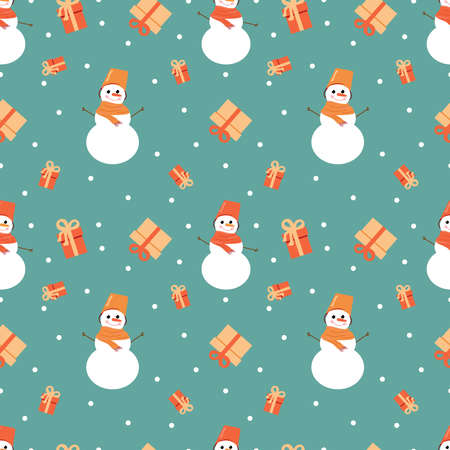 Snowman with a gift in the snow. Feast of Christmas. Seamless textile illustration. Background, wallpaper or wrapping paper.のイラスト素材