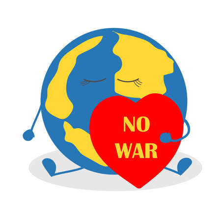 Planet earth with heart in hands. No war. Blue and yellow concept idea. Stop the war against Ukraine. Support for the country during the occupation. Design for a postcard, banner, poster or template. Flat illustration. Vector.のイラスト素材