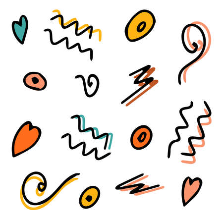 Set of additional multicolored doodle elements. Creation of design or addition. Filling in empty space. Isolated illustration. Vectorのイラスト素材