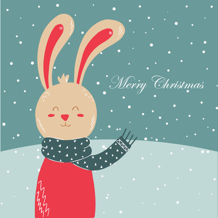 Postcard with Christmas bunny. cute character. Design or congratulations. Doodle illustration. Vector.のイラスト素材