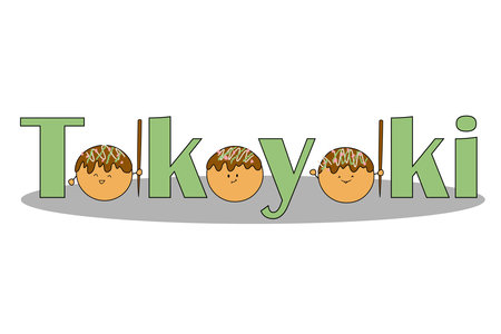 Asian dish - takoyaki. Octopus balls. Japanese kitchen. Cute character. doodle illustration. Vectorのイラスト素材