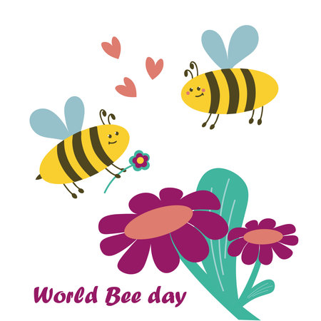 Two bees in love fly towards each other. World Bee Day. Cartoon character. For postcard, invitation or design. Flat vector illustrationのイラスト素材