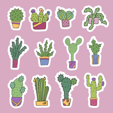 Set of cute stickers of cacti in pots. Indoor plants. For the design of cards, invitations or stickers. Isolated vectorのイラスト素材