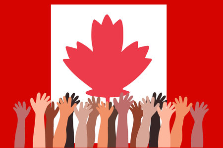 People s hands on the background of the flag of Canada. Canada Dayのイラスト素材
