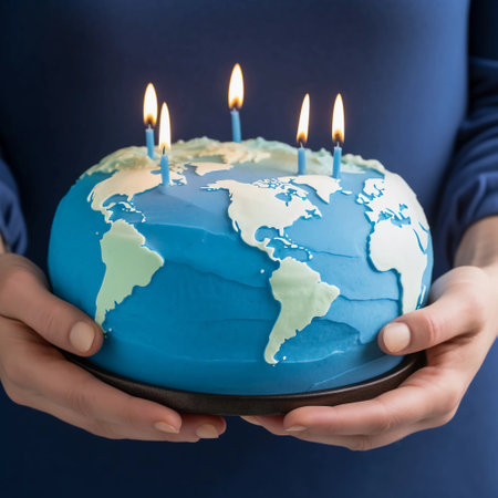 Human hands hold a cake with the continents of the planet. World map. Cake day. World Earth Day. AI generated.の素材