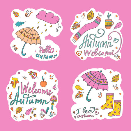 Welcome autumn. Sticker with autumn elements and lettering. Sticker or design with space for text. Hand drawn in doodle style. Isolated illustration. Vectorのイラスト素材