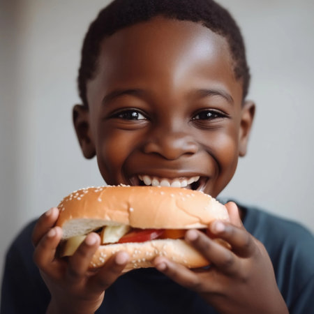 sandwich day. A black, cheerful boy holds a large sandwich in his hands. close-up. fast food. unhealthy foods.の素材