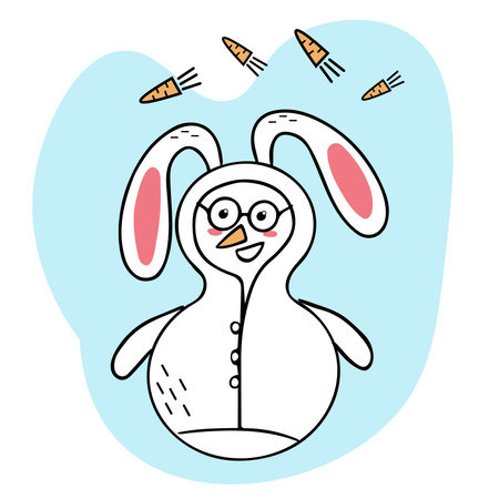 Cheerful snowman in a hare costume. Doodle illustration. Hello winterのイラスト素材