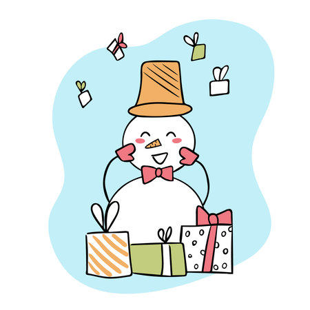 Cheerful snowman with gifts in boxes. Doodle illustration. Hello winterのイラスト素材