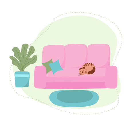 Cozy pink sofa with a cat. Room interior. Flat vector illustrationのイラスト素材
