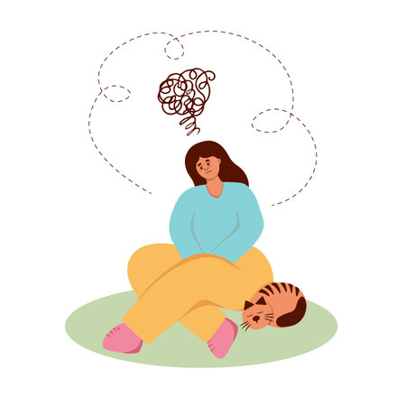 Depression. Sad girl with bad thoughts in her head. Flat illustrationのイラスト素材