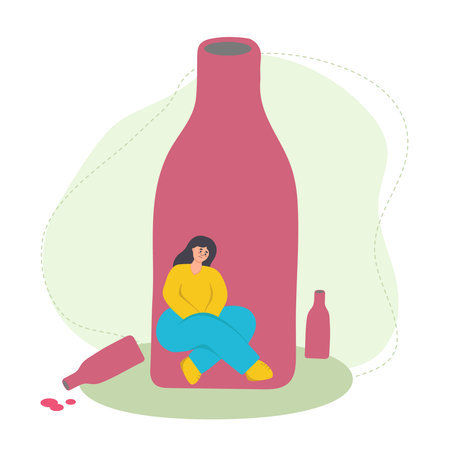 Female alcoholism. A sad girl sits in a wine bottle. Bad habit, alcohol addiction. Flat vector illustrationのイラスト素材