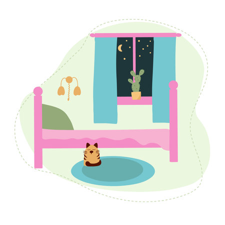 Cozy bedroom with a pink bed, a window and a cat. Room interior. Flat vector illustrationのイラスト素材
