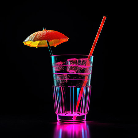 Cocktail with straw and umbrella. Neon color, 90s style. Vacation, party or holiday.の素材