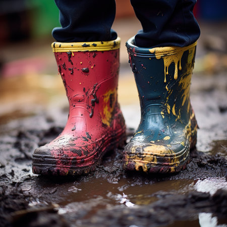 A child in multi-colored rubber boots stands in the mud. View from below, close-up.の素材