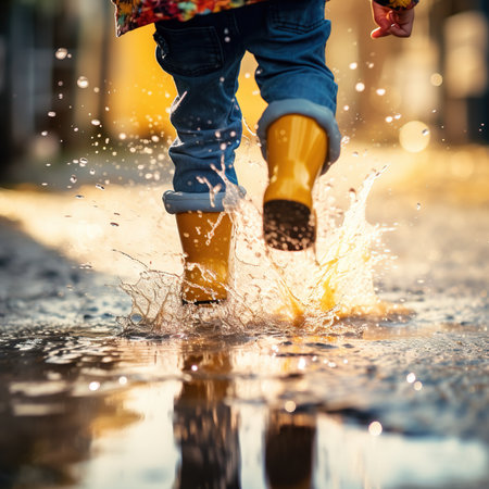 A child runs through puddles in rubber boots. An unrecognizable child in yellow rubber boots runs through puddles. Dirty splashes. view from below, close-up.の素材