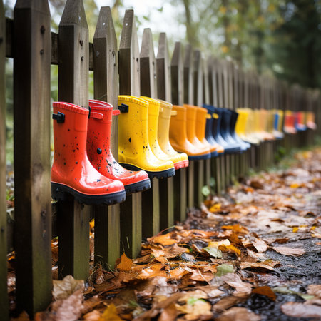 Multi-colored rubber boots hang on a wooden fence. Abstract design or protection in rural areas. Wooden fence with galoshes.の素材
