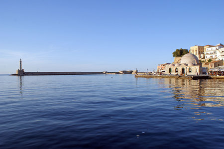 The Venetian harbour of Chania with the small lighthouseの写真素材