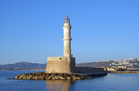 The Venetian harbour of Chania with the small lighthouseの写真素材
