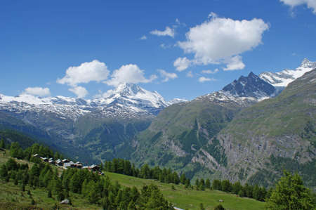 View to snowy mountains and the Matterhorn in the Swiss alpsの写真素材