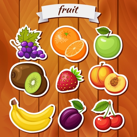 Fresh fruit on wooden backgroundのイラスト素材