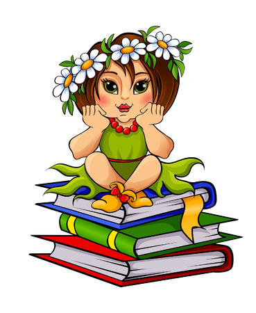 Girl sitting on a pile of booksのイラスト素材
