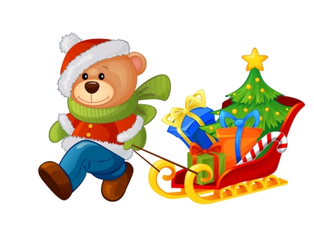 Cartoon bear bringing sleigh with Christmas tree and giftsのイラスト素材