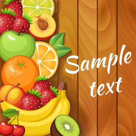 Fresh fruits on wooden texture. Orange, apple, kiwi, strawberry, peach, banana, lime, cherryのイラスト素材