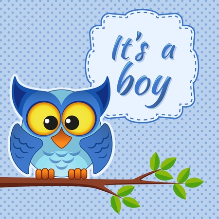 Baby boy shower card with owl on branch. It's a boyのイラスト素材