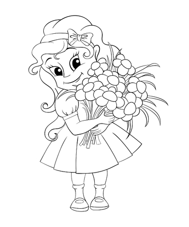 Cute little girl with bouquet. Black and white vector illustration for coloring bookのイラスト素材