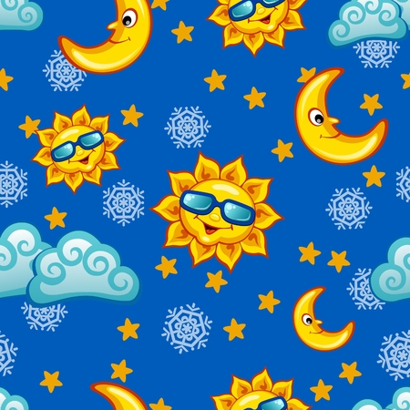 Colorful seamless pattern with sun, moon and clouds for kidsのイラスト素材