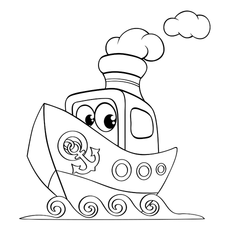 Funny cartoon ship. Black and white vector illustration for coloring bookのイラスト素材