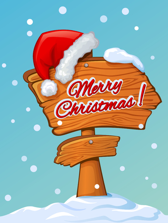 Santa's hat on a wooden pointer with Christmas greetingsのイラスト素材