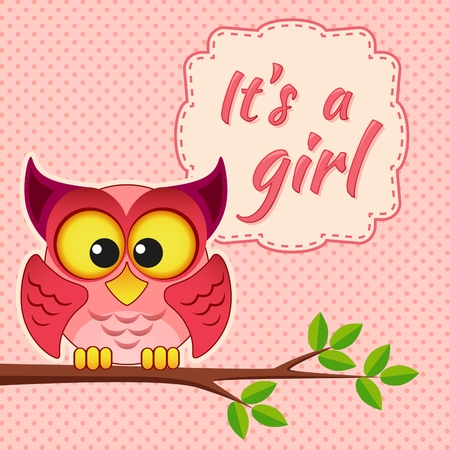 Baby girl shower card with owl on branch. It's a girlのイラスト素材
