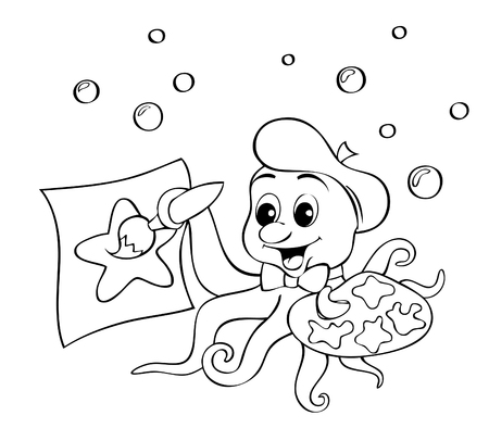 Cute little octopus with a palette drawing starfish. Black and white vector illustration for coloring bookのイラスト素材