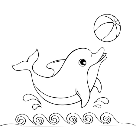 Cute dolphin playing with a ball. Black and white illustration for coloring bookのイラスト素材