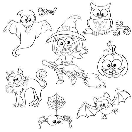 Set of Halloween elements. Black and white vector illustration for coloring bookのイラスト素材