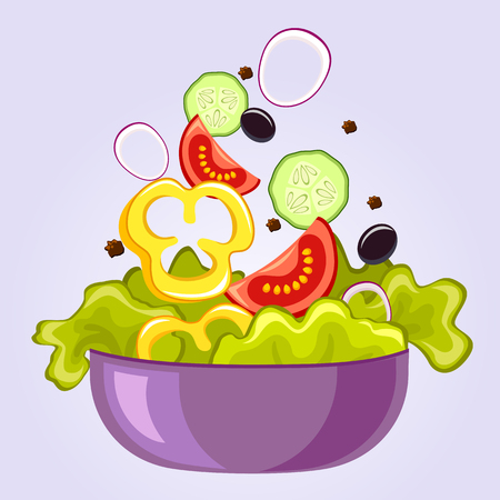 Fresh salad, with lettuce, tomato, black olive, cucumber, pepper and onionのイラスト素材
